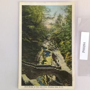 Vintage Linen Postcard 1939 Arch Bridge at One Mile Point Watkins Glen NY